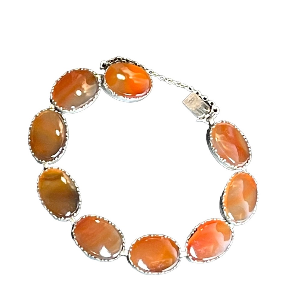 Antique Victorian Sterling silver Cabachon Link agate stone Bracelet 925